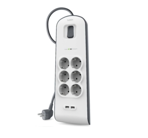 Мережевий фільтр Belkin 6 роз., 2xUSB 2.4A, 650 Дж, UL 500 В, кабель 2м